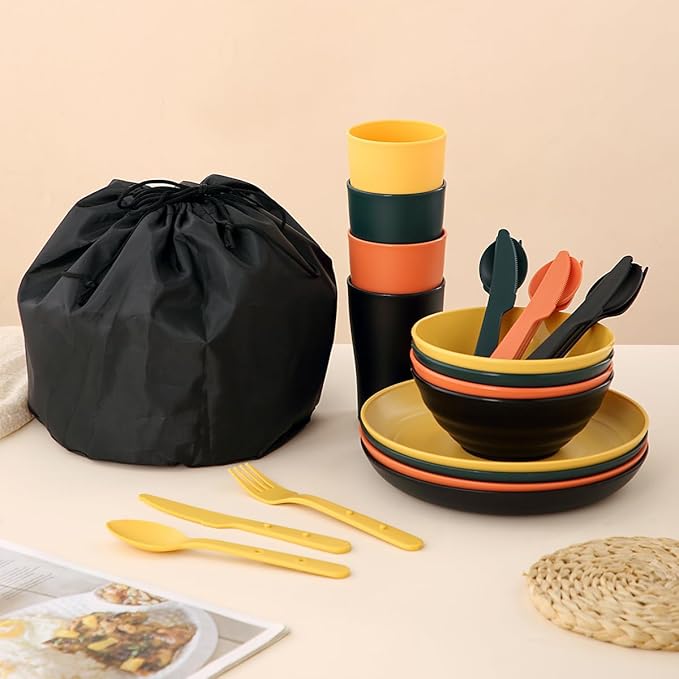 Camping Mess Kit for 4 with Bowl Plate Cup Spoon Fork Knife and Carry Bag Plastic Camping Accessories Essentials Gear for Travel Picnic Outdoor Easy to Carry &amp Store
