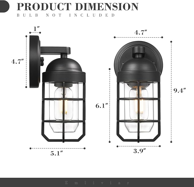 Emliviar Modern Outdoor Wall Light for House Porches Solid Classic Metal Cage Retro Charm Exterior Wall Light Clear Tempered Glass Black Finish GE255B BK
