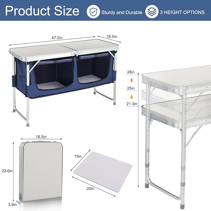Folding Camping Table with Storage 3 Height Adjustable Lightweight 4 Ft Outdoor Portable Kitchen Aluminum Table for BBQ Picnic Hiking Beach and Indoor