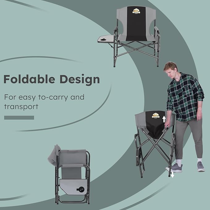 Oversized Directors Camping Chair Support 600 LBS Heavy Duty Folding Outdoor Chairs with Detachable Side Pocket and Adjustable Side Table for Outside BeachLawnFishing (Black)