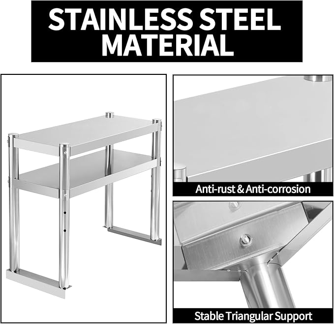 Stainless Steel Double Overshelf 30''L x 12''W Commercial 2 Tier Overshelf Height Adjustable Overshelf for Prep Work Table in Kitchen Restaurant
