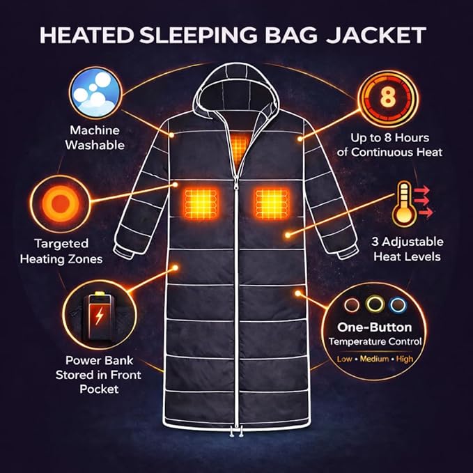 Thermotuff Wearable Battery-Heated Sleeping Bag with with Long Sleeves Pockets and Adjustable Drawstring | Ideal for Camping Cold Weather Hiking and Stadium Sak Blanket | Black