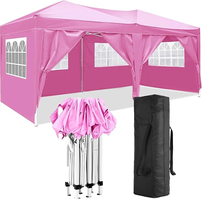 10x20 Pop Up Canopy Tent Heavy Duty with 6 Removable Sidewalls Water Resistant UV-Resistant Portable Outdoor Instant Event Shelter for Parties Weddings Camping Pink