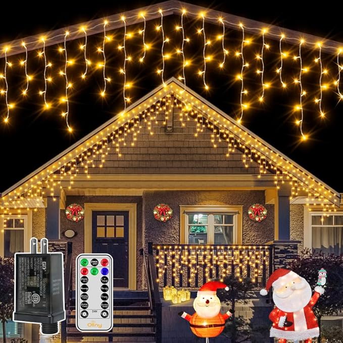 Ollny Icicle Lights for Outside 504LED 41FT Warm White Christmas Light with Remote 8Modes Timers Waterproof Plug in Connectable Hanging Lights for Outdoor Indoor House Roof Holiday