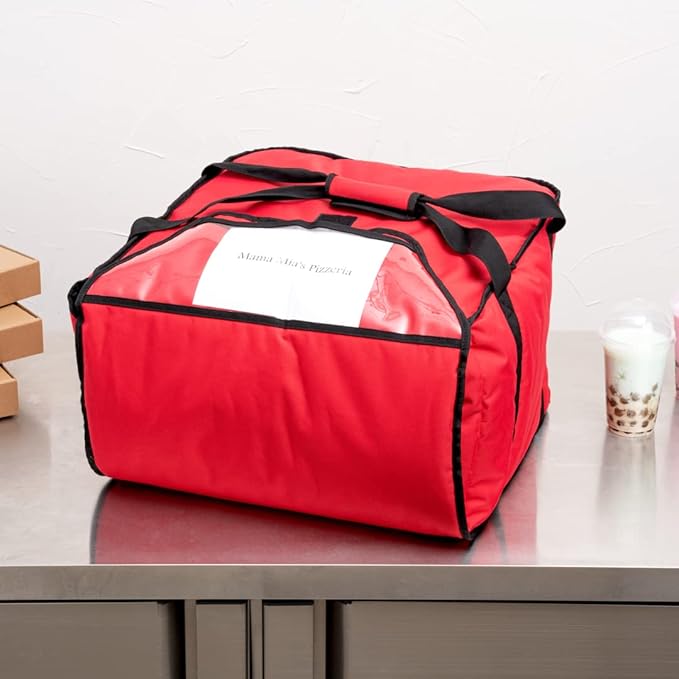 Delivery Tek 16.5 x 18 x 6.5 Inch Insulated Pizza Bag 1 Durable Delivery Bag - Holds (2) 16 or (3) 14 Pizza Boxes Red Polyester Cater Bag Extra-Large Flap Machine Washable