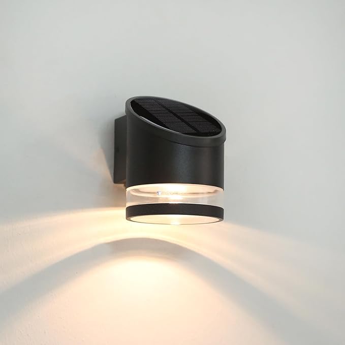 HFVLITE Solar Wall Light Outdoor Dusk to Dawn Aluminum Wall Sconce IP54 Waterproof Cordless LED Decor Light Fixture for Porch Deck Fence Patio Front Door Stair Warm White Black 1-Pack