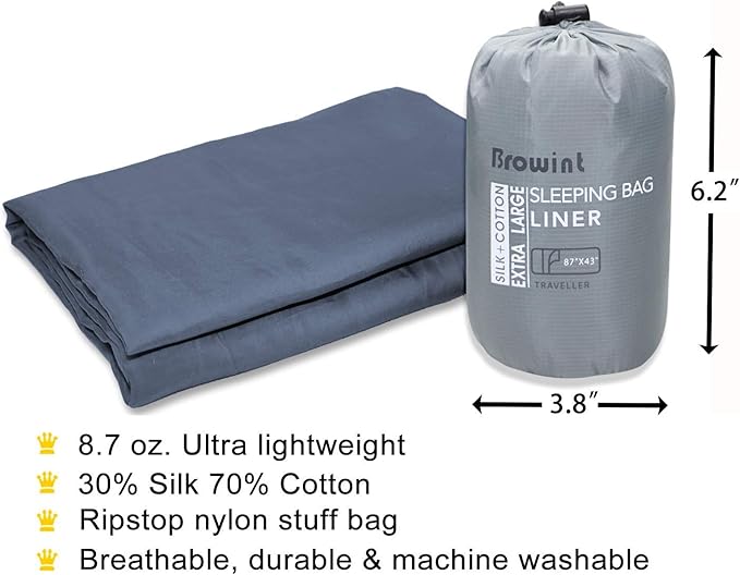 Browint Silk/Cotton Travel Sheet with Double Zippers 87x43 Extra Wide Sleep Sack for Hotels Lightweight Sleeping Bag Liner for Camping Traveler Rectangular with Pillow Pocket …