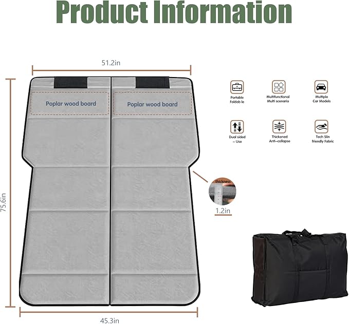 Car Air Mattress Upgrade from Non-Inflatable Foldable Mattress 75.6x51.2 Car Bed with Storage Bag Portable Thickened Sleeping Mattress for Camping Travel Beach Fits Most SUVs (Gray)
