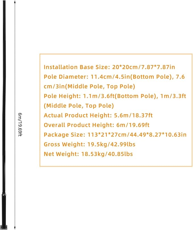 20FT Tall Street Light Pole Heavy Duty Split Street Lamp Post for Outdoor Street Courtyard Parking Lot Adjustable Height Lighting Post Fixtures with Mounting Ground Cage (20FT 114+76mm)