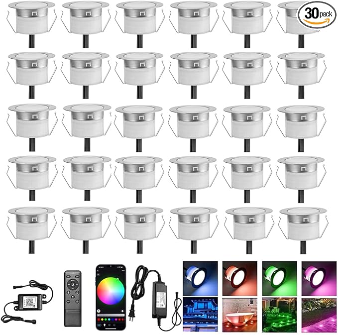 Sumaote Smart WiFi LED Deck Lights 30 Pack APP Control RGB Outdoor Lighting for Patio Deck Steps Landscape Φ1.22 Low Voltage 12V Recessed Deck Lights Waterproof IP67 Google Home Timer