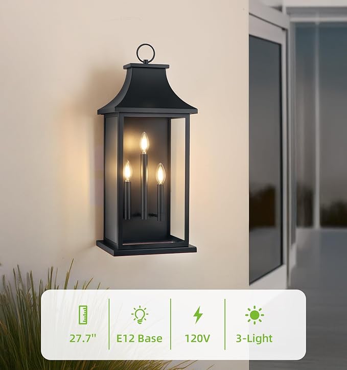 tewei 28'' Large Outdoor Wall Light Porch Light Outdoor Wall Sconce Lantern 3-Light Black Exterior Lighting Fixture Wall Mount Outside Light for House Garage 1-Pack