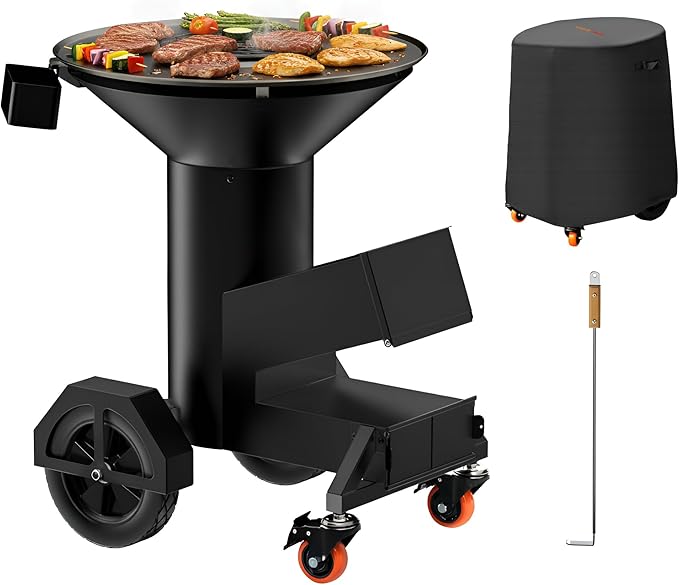 Heavy Duty Rocket Stove with Griddle Grate Wheels Ash Tool &amp Cover Large Wood Stove BBQ Grill for Patio Outdoor Cooking Backyard Camping Beach Tailgating 28x23x31in GS346