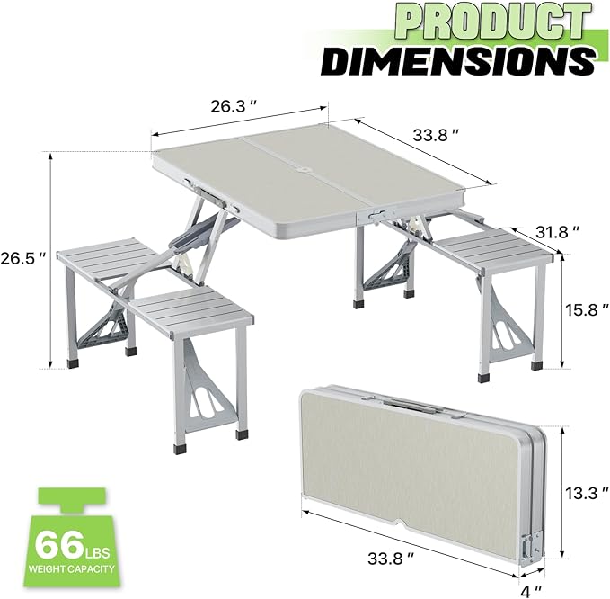 Magshion Folding Picnic Table with 4 Seats Portable Camping Table with Adjustable Height Umbrella Hole Easy Setup for Outdoor Tailgating &amp Travel Silver