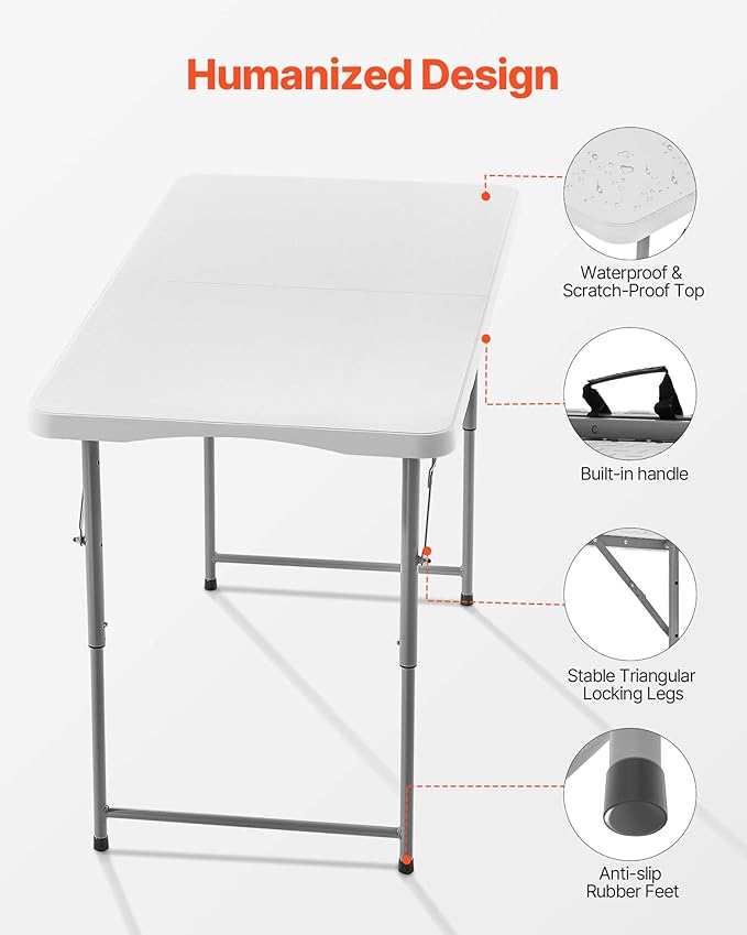 VEVOR Folding Table Heavy Duty Portable Fold-in-Half Utility Table Indoor Outdoor Plastic Rectangle Table with Built in Handle for Party Dining Wedding Events Picnic Camping 4 ft White