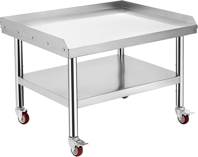 Stainless Steel 36x28x24 in Equipment Grill Stand Table 1000 LBS Top Shelf 220 LBS Bottom Shelf 2 in Edge Baffle for Hotel Home Commercial Restaurant Kitchen with Wheel
