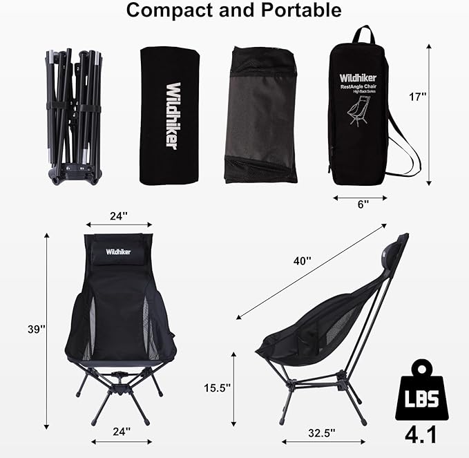 Wildhiker Portable Compact Folding Camping Chairs – Lightweight High Back with Pillow Deep Recline ArmPads Side Pockets-for Motorcycle RV Backpacking Travel Festival – Black