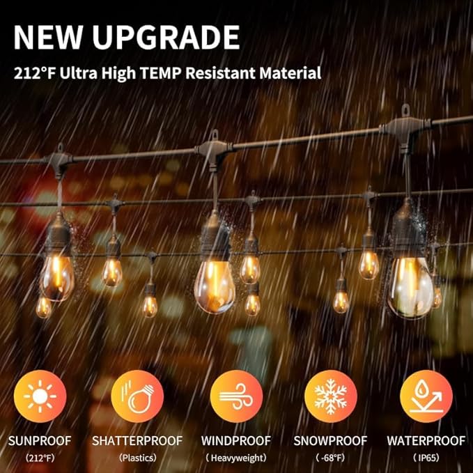 50FT Outdoor String Lights Waterproof with 30+2 Bulbs (1.5FT Bulbs Spacing) Remote &amp Dimmer Commercial Grade Patio Lights with 3 Mode Light &amp Timing100PC Ties for Outside