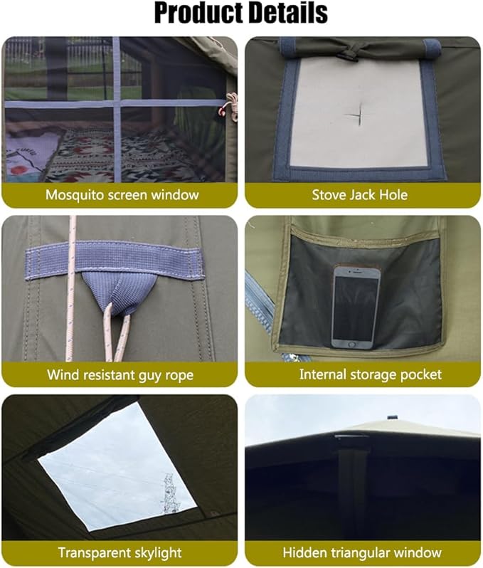 Large Luxury Inflatable Camping Tent Cotton Canvas Tent Breathable and Waterproof Air Tent with Skylight and Stove Jack Hole for for 4-6-8-10 Person Family Camping