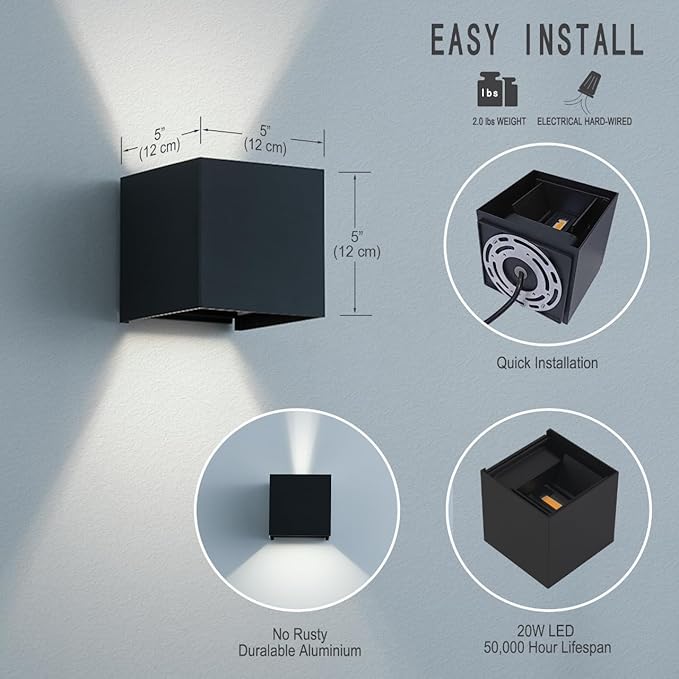 Led Wall Sconce Light Modern Outdoor Lights for House Led Wall Lights for Bedroom 20W Adjustable Up&ampDown Lighting/Waterproof Matt Black Aluminium/ 6500K2 Pack