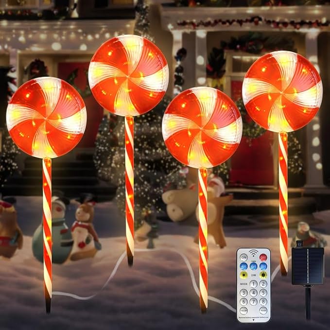 Candy Christmas Decorations Pathway Outdoor Solar Lights 29 inches 80 LED Lighted Lollipop Solar Christmas Lights with 8 Modes Waterproof String Lights Outdoor Lights for Yard Patio Walkway-4PCS