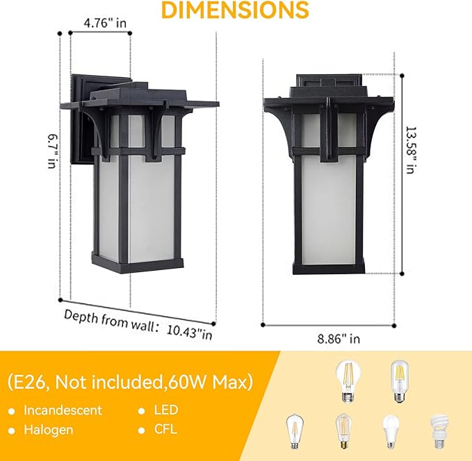 Porch Lights Wall Mount Outdoor Wall Lantern Waterproof Aluminum with Frosted Glass Exterior Light Fixtures Modern Classic Outdoor Wall Lights for Outside House Deck Patio Garage Lighting Black