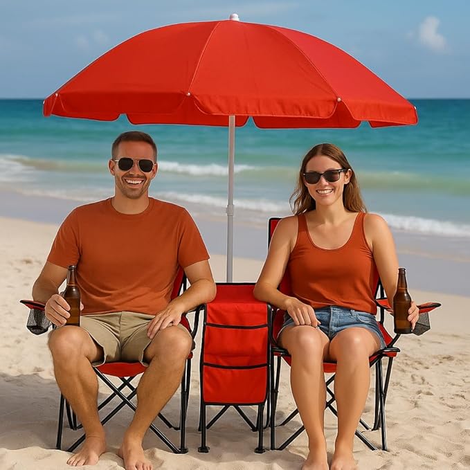 GoTeam Portable Double Folding Chair w/Removable Umbrella Cooler Bag and Carry Case - Red