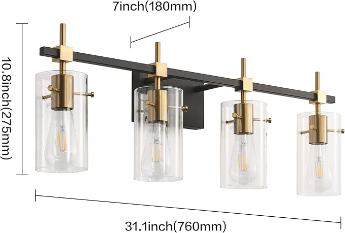 SOLFART Farmhouse Brass Bathroom Vanity Lights fixtures Over Mirror Vintage Bathroom Lighting Wall Sconce with Glass Shade 4 Lights