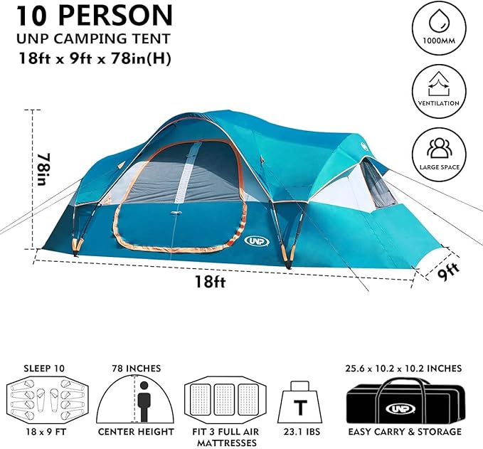 UNP Camping Tent 10-Person-Family Tents Parties Music Festival Tent Big Easy Up 5 Large Mesh Windows Double Layer 2 Room Waterproof Weather Resistant 18ft x 9ft x78in