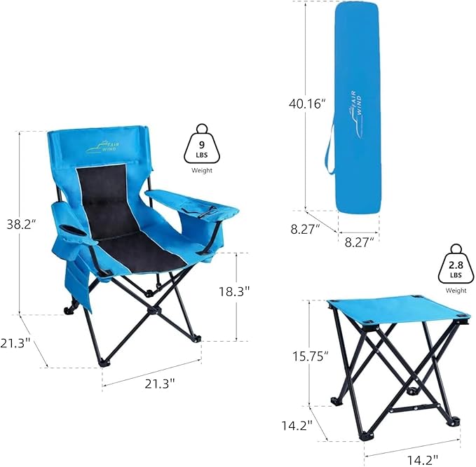 FAIR WIND Oversized Padded Camping Chair with Footrest Stool Heavy Duty Cooler Bag Chair for Fishing Tailgating Sports Games Backyard - Support 300 LBS Blue