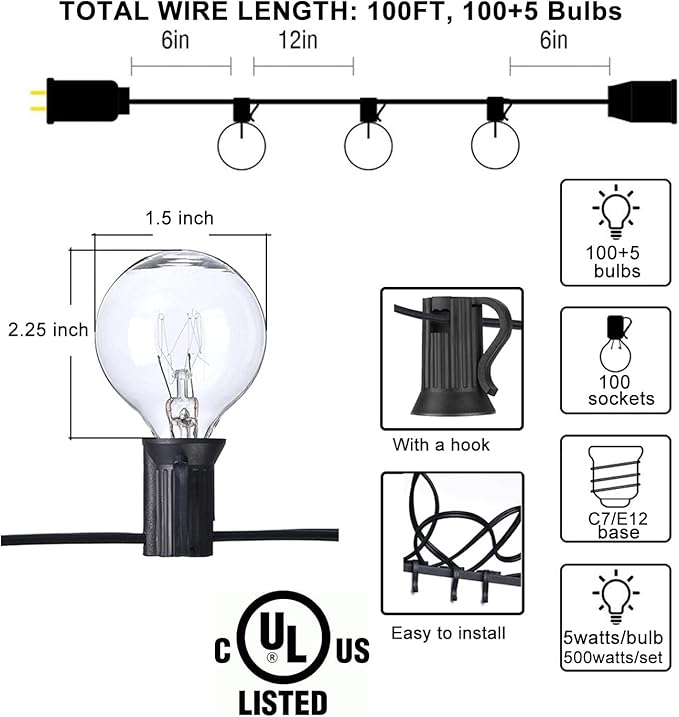 Abeja Outdoor String Light 100 Ft G40 Patio Lights with 105 Edison Glass Bulbs E12 Socket Base (5 Spare) Globe Clear Hanging Lights for Backyard Balcony Deck Party Decor Not Connectable Black
