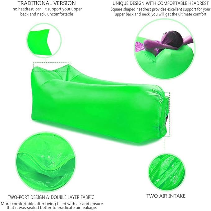 Inflatable Lounger Air Chair Sofa Bed Sleeping Bag Couch for Beach Camping Lake Garden (Green02)