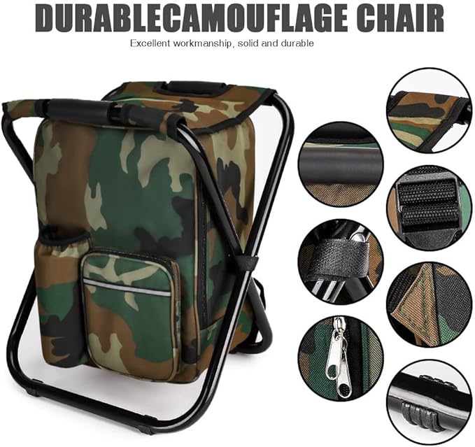 Portable Hiking Camouflage Camping Stool Folding Camping Chair Stool Backpack with Cooler Insulated Picnic Bag