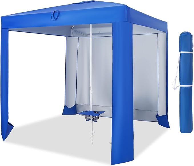 HAPPYGRILL Beach Canopy with Folding Table Outdoor Cabana with Detachable Sidewall Carrying Bag UPF 50+ Protection Sandbags Portable Outdoor Sun Shelter Tent for Beach Backyard