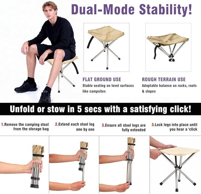 Ultra-Lightweight Camping Stoo - 260lbs Capacity | 13.8in Expanded Height | 1.2lbs Ultra-Light &amp Waterproof | 1-Pull Quick Setup for Camping Hiking Fishing BBQ &amp Waiting in Line (Khaki)