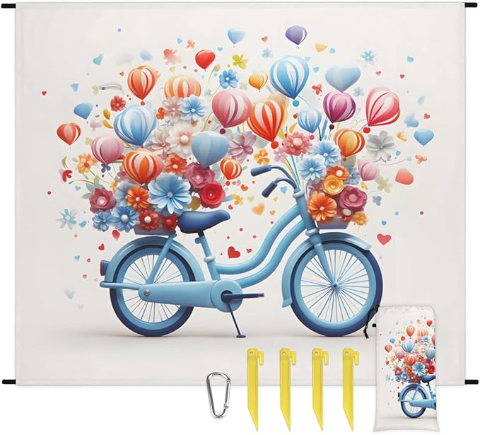 Waterproof Sandproof Beach Blanket 59''×68'' Pedal Car Polyester Outdoor Picnic Blanket with 4 Stakes &amp Storage Bag for BeachCampingVacation Hot-air Balloon