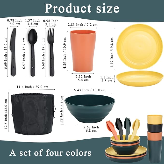 Camping Mess Kit for 4 with Bowl Plate Cup Spoon Fork Knife and Carry Bag Plastic Camping Accessories Essentials Gear for Travel Picnic Outdoor Easy to Carry &amp Store