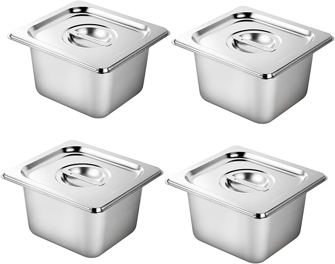 West Bay 4 Pack 1/6 Size Hotel Pan with Lids 4'' Deep Steam Table Pan with Lid 7''L x 6.5''W Stainless Steel Pans for Home Party Hotel Buffet