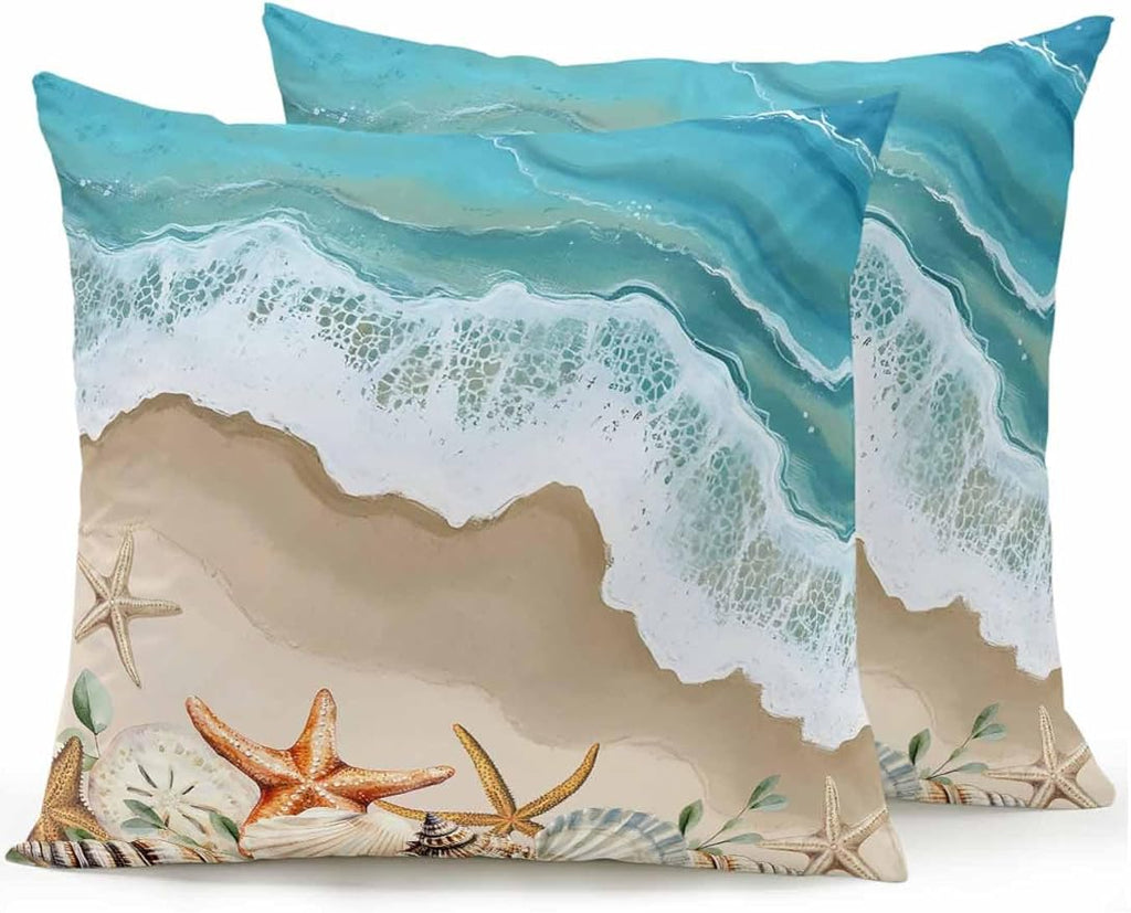 Outdoor Pillows Waterproof Coastal Beach Ocean Bedding Throw Pillows with Insert for Couch Sofa Bed Nautical Starfish Shells Conch 16x16 Inch Pillowcases Camping Patio Pillow Set of 2