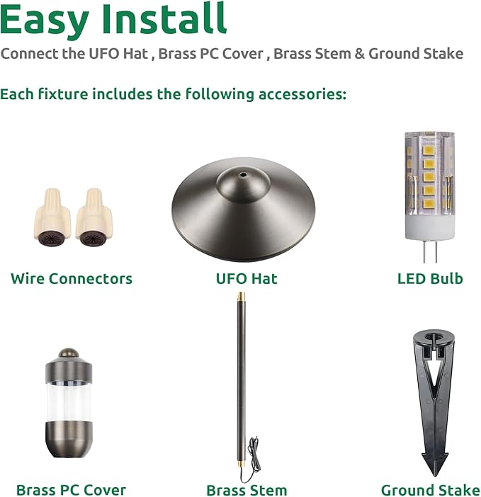 DOSHINE® Solid Brass Low Voltage Landscape Lighting Pathway Lights (9 Shade 22 Tall) with Replaceable 3W G4 LED Bulb 3000K AC/DC 12V and Ground Stake for Outdoor Walkway Driveway (UFO 6-Pack)