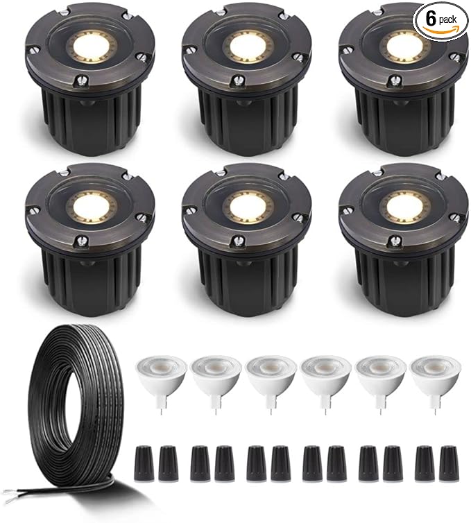 Gardenreet Brass Low Voltage In Ground Lights Kit(6 Pack) with MR16 Bulb &amp 100Feet Wire &amp Connectors 12V AC/DC LED Well Lighting for Outdoor Yard Garden Paver Path(Open Top)