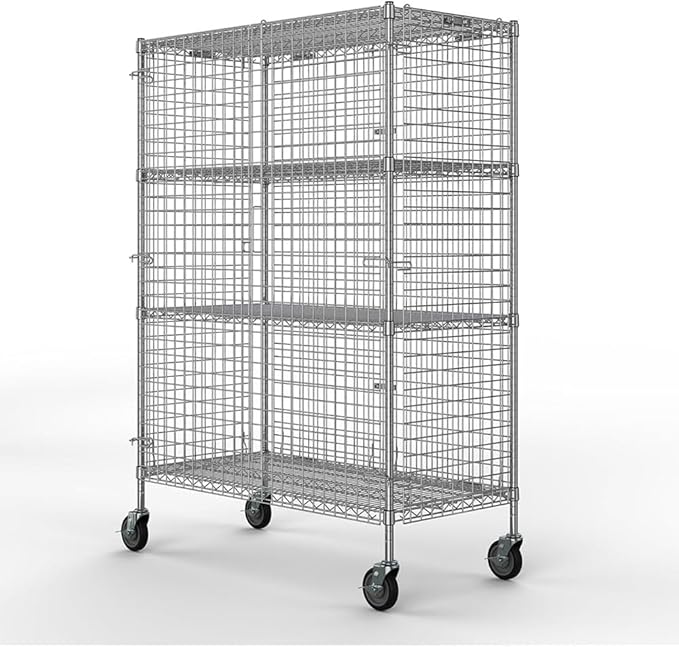 Chrome Mobile Security Wire Cage Kit – Heavy Duty NSF Utility Storage Unit with Lockable Doors &amp Wheels – Commercial Grade Metal Storage Multiple Sizes (Chrome 18 x 36 x 69)