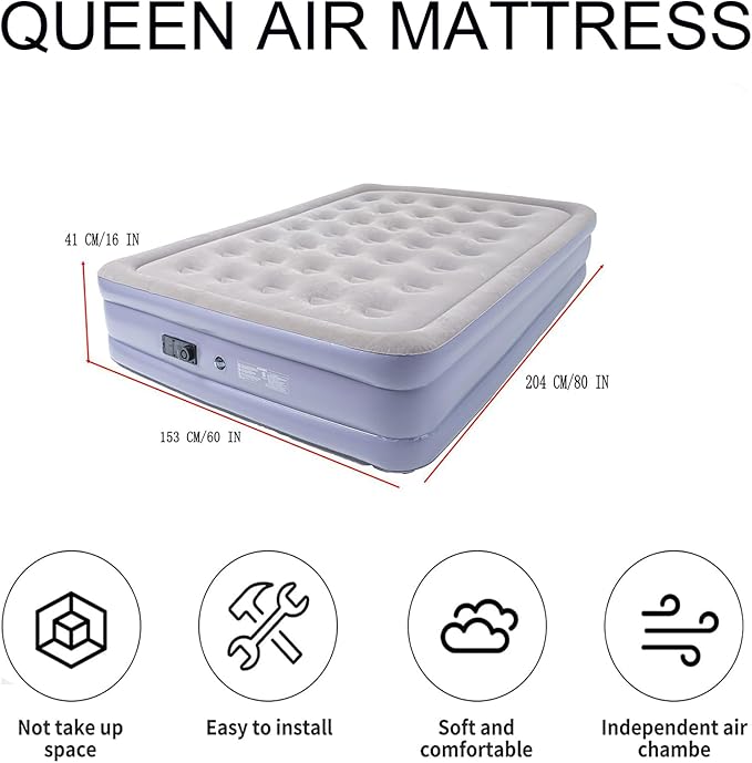Queen Air Mattress Bed with Built in Pump16 Inches High Queen Airbed Inflatable MattressComfort Thickened Blow Up Air MattressTravel Sleeping Pad for Guests Home(Queen Size)