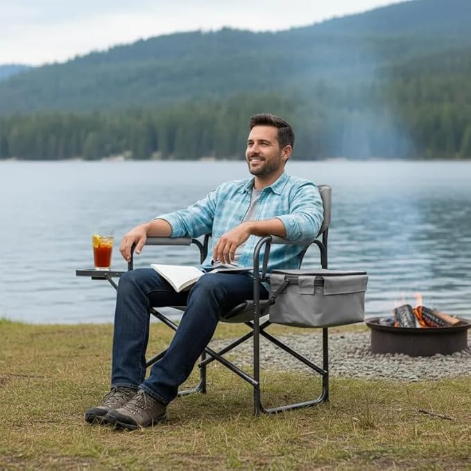 MAXDAR Portable Heavy-Duty Camping Chair with Cooler Bag Side Table &amp Cup Holder – 300 LBS Capacity Foldable Director’s Chair for Outdoor Fishing Picnic &amp Tailgating