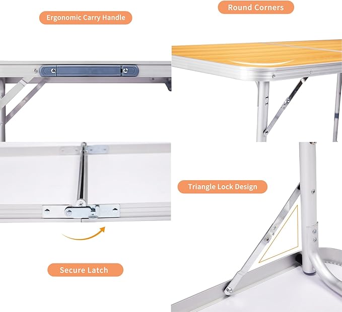 BIVVI 3FT Small Folding Camping Table Portable Lightweight Fold Up Utility Side Tables with Carrying Handle Outdoor Aluminum Fold in Half Dining Card Table for Picnic Party Events (Wood Grain Color)