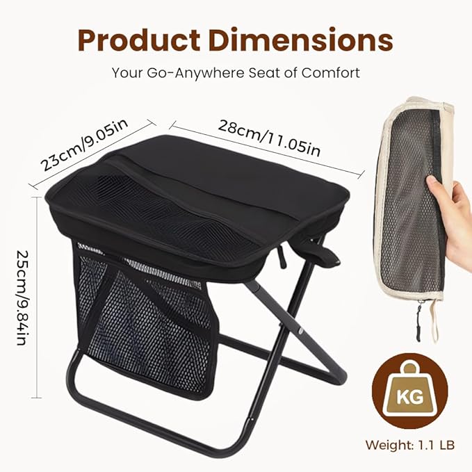KAMOJI Foldable Backpack Stool 2026 New Compact Ultralight Collapsible Stools for Fishing Hiking Upgrade Lightweight Portable Folding Chair with Storage Bag and Durable Steel Frame (Khaki Large)