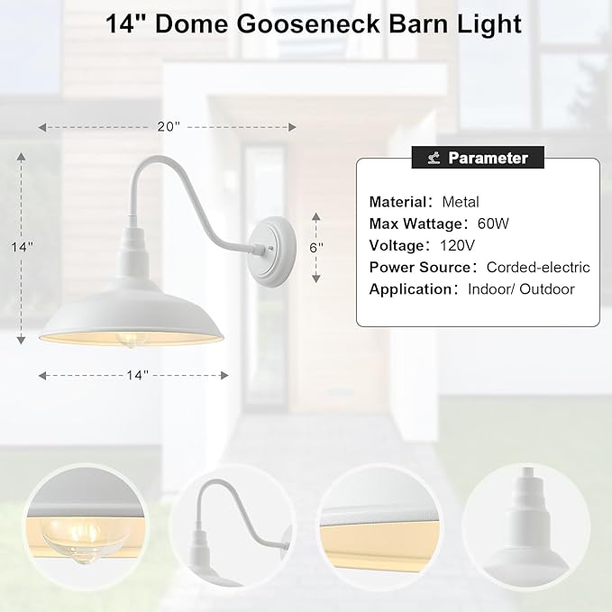 2 Pack 14in Barn Gooseneck Lights for House White Outdoor Farmhouse Wall Light Fixture for Porch Exterior Patio Wall Sconce for Front Door Garage