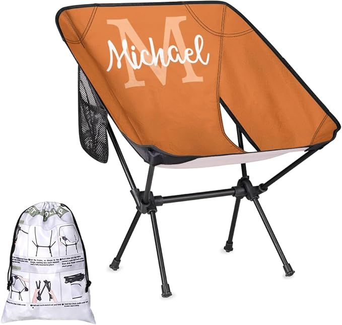 Custom Orange Portable Camping Chair Personalized Backpacking Chair with Name Lightweight Foldable Chairs for Hiking Beach