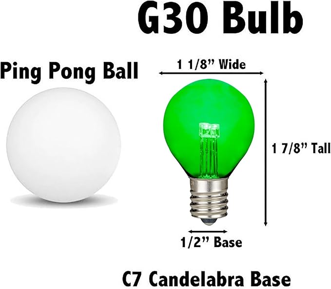 Novelty Lights 25 Pack G30 Glass LED Globe Bulbs String Light Replacement Bulbs E12 Candelabra Base Energy Efficient Outdoor Patio Lighting Green