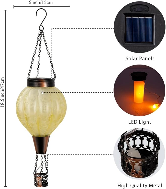 2 Pack Hanging Solar Air Balloon Lantern Outdoor Waterproof Hot Air Balloon Solar Lantern Flickering Flame Outside Decor for Garden Yard Patio Solars Lights Gifts for Mom Grandma（yellow）