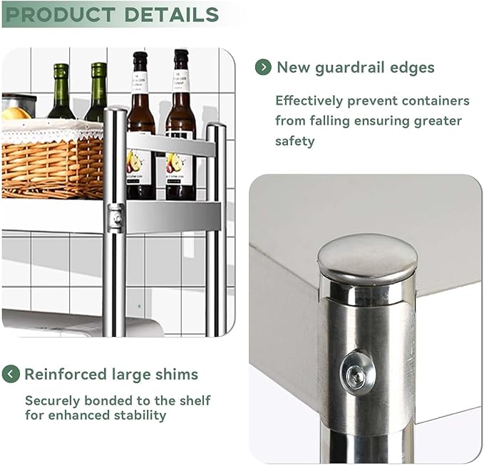 Stainless Steel 2 Tier Shelves with Guardrail for Kitchen Pantry Multi Purpose Organizer Shelf Wall Mounted Heavy Duty Storage Rack for Kitchen Appliances(90x35x75cm)